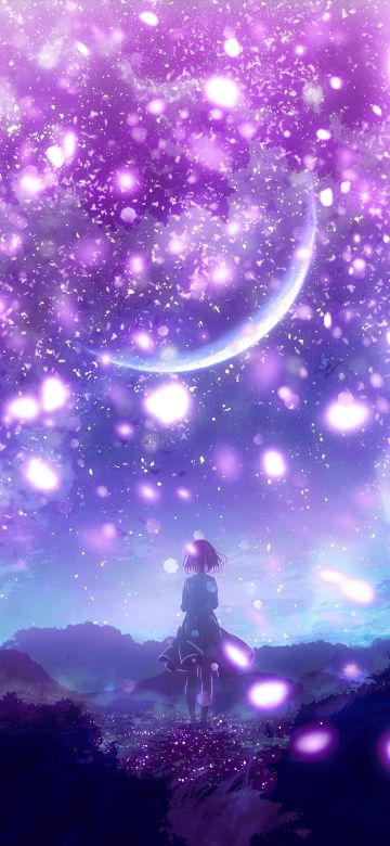 Anime girl, Purple aesthetic, Crescent Moon, Dreamlike, Surrealism, Purple sky, Mood, Lonely, 5K, Shuu Illust