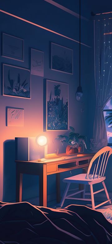 Lofi, Bedroom, Night, Window, Furniture, Painting, Aesthetic interior, 5K