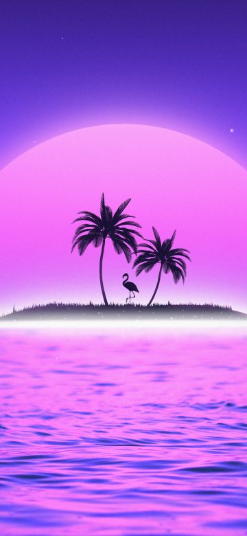 Sunset, RetroWave art, Vaporwave, Flamingo, Palm trees, Island, Tropical, 5K