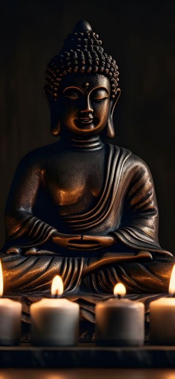 Gautama Buddha, Spiritual, Statue, Lord Buddha, Dark background, 5K, Buddhism, Candle lights, AI art