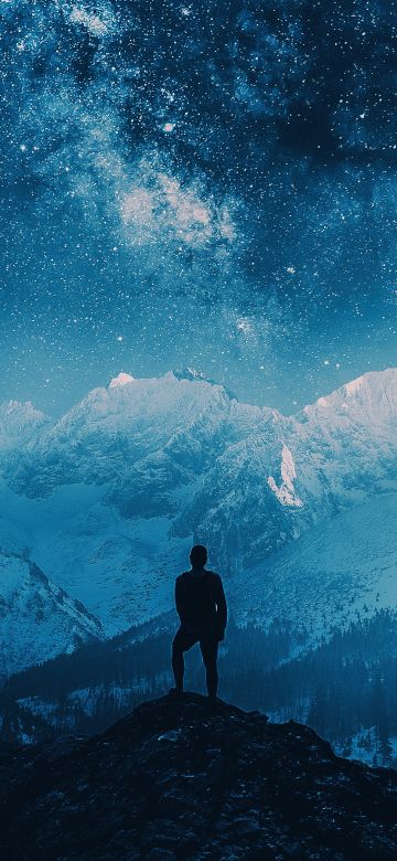 Milky Way, Mountains, Person Silhouette, 5K, Winter, Night sky, Stars in sky