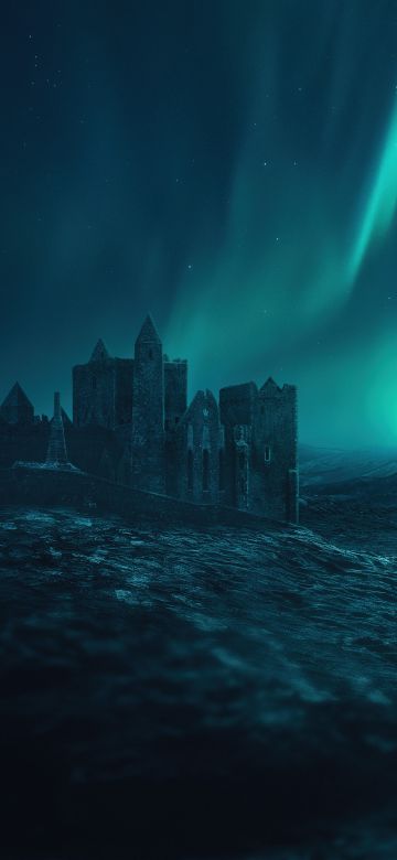 Castle, Aurora Borealis, Ocean, Night sky, Aurora sky, 5K, Creative