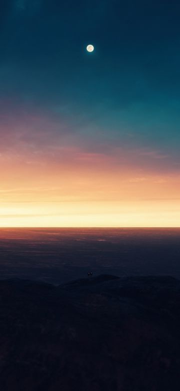 Moon, Sunset, Horizon, Dusk, Mountain, 5K