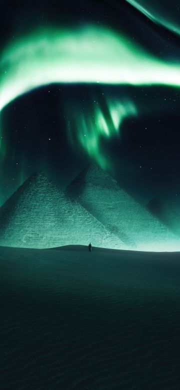 Egyptian Pyramids, Aurora sky, Dreamy, Northern Lights, Surreal, Desert, Dunes, 5K