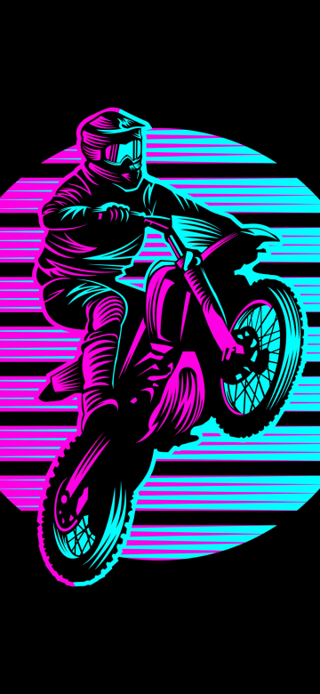 Motocross Motorcycle, Neon art, RetroWave art, Black background, 5K, AMOLED, Stuntman