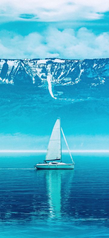 Sailing boat, Mountains, Ocean, Blue aesthetic, Ocean blue, 5K