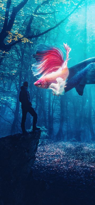 Autumn Forest, Dreamy, Fishes, Turtle, Dreamlike, Surrealism, 5K, Man, Underwater