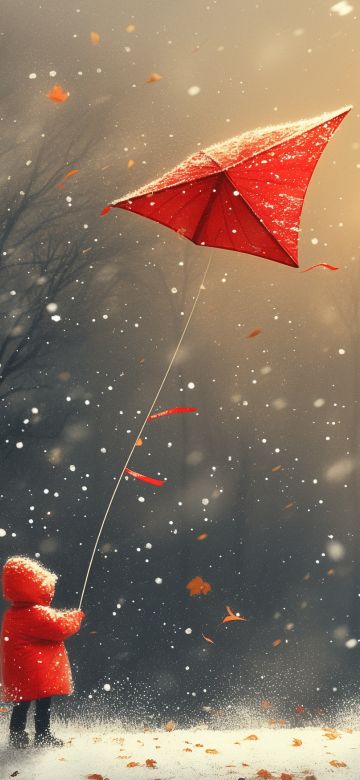 Playing kids, Surreal, Kite, Winter, Snowfall, Fall, 5K