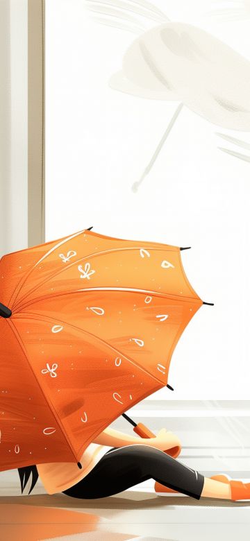 March, Spring, Girl, Window, Umbrella, Orange aesthetic, Sunlight, Illustration