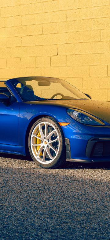 Porsche 718 Spyder, 5K, Yellow background, Brick wall