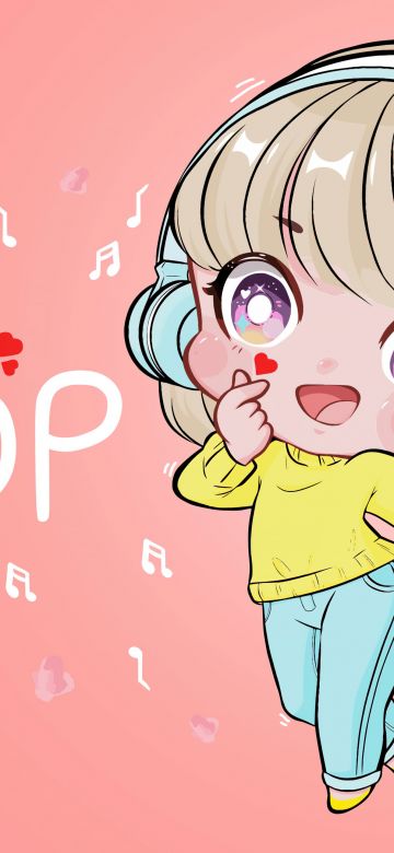 K-pop, Chibi, Finger heart, Cute Girl, Listening music, Dancing, Pastel orange, Pastel background, 5K, Red hearts, Girly backgrounds