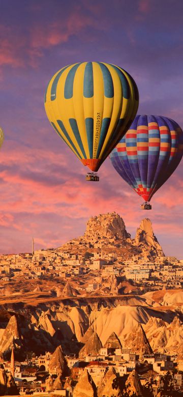 Hot air balloons, Cappadocia, Golden hour, Rock formations, Town, Tourist attraction, Turkey