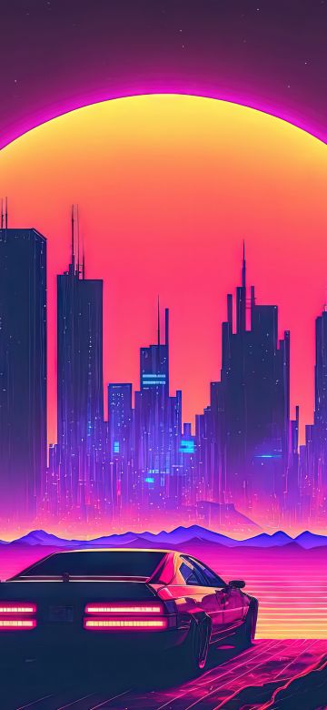 Futuristic city, Outrun, Neon art, Cyberpunk, Synthwave, Panorama, Sunset, Pink aesthetic