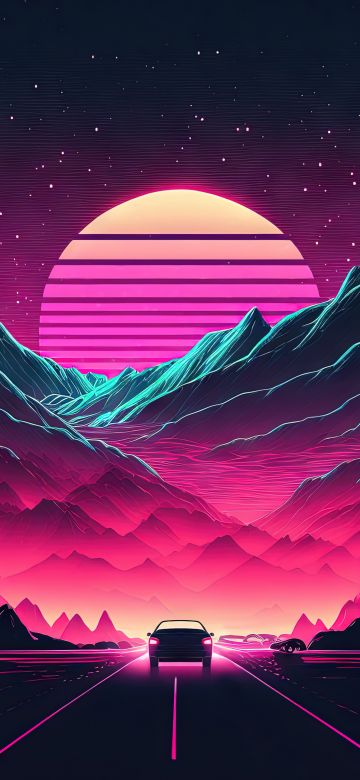 Highway, Outrun, AI art, Neon, Retrowave, Synthwave, Sunset, Mountains, 5K