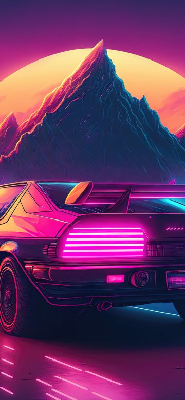 Outrun, AI art, Neon, Retrowave, Synthwave, Sunset, Mountains, 5K, Highway