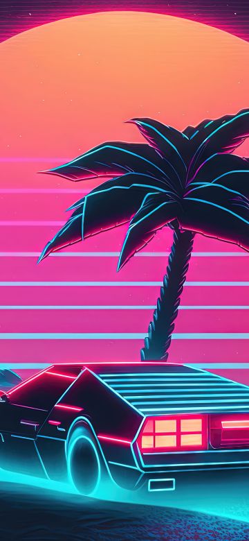 Neon, Outrun, RetroWave art, Synthwave, Sunset, Mountains, 5K