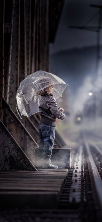 Cute Girl, Railway track, Train station, Umbrella, Rainy day, 5K