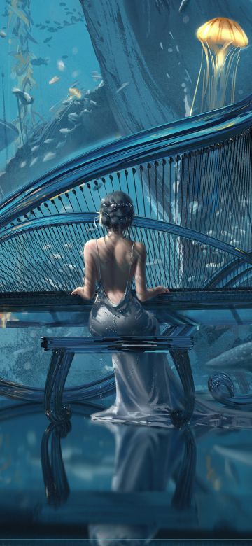 WLOP, Beautiful woman, Playing piano, Whale, Jellyfish, 5K