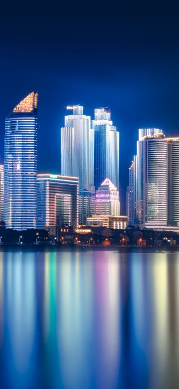 Qingdao, China, Night, Cityscape, City lights, Reflections, 5K