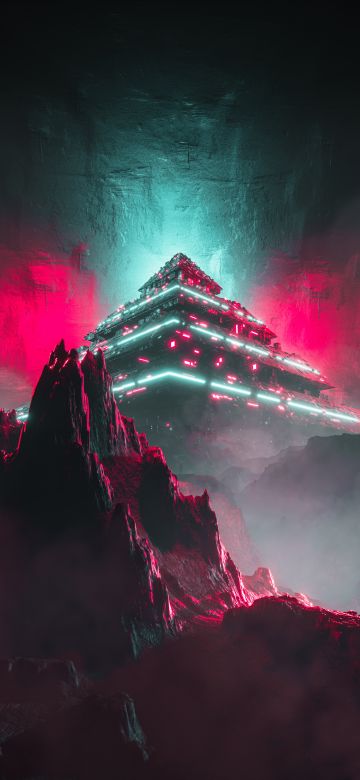 Alien, Pyramid Structure, Neon background, Mountains, 5K