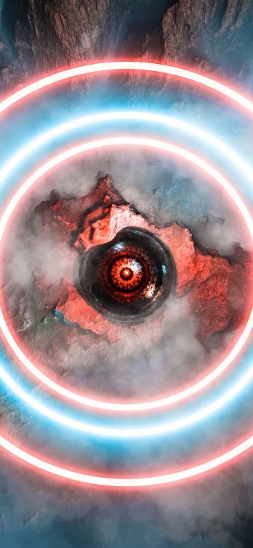 Neon circles, Eye Illustration, Mountains, Aerial view, Science fiction, 5K, 8K