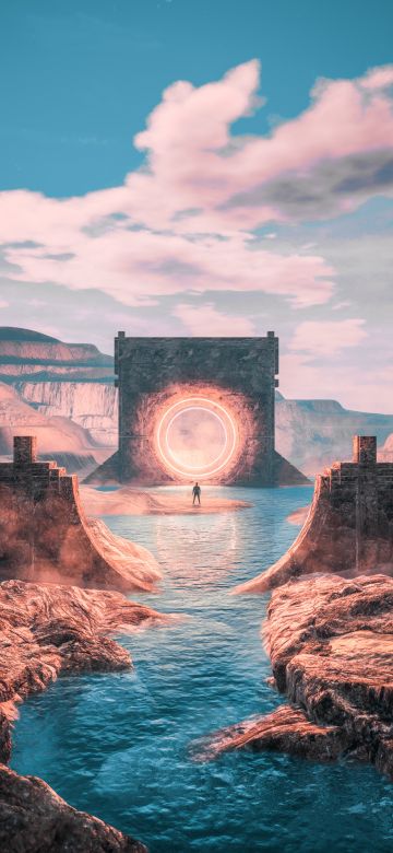 Grand Canyon, Portal, Ancient, Circle light, Neon, River, 5K, Surrealism, 