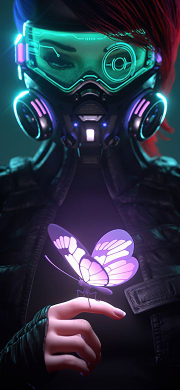 Apocalypse, Butterfly, Cyberpunk girl, Futuristic, Gas mask, Aesthetic, Neon, 5K