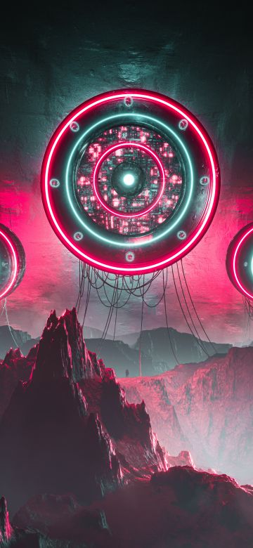 Aliens, Spaceship, Neon background, Futuristic, Digital Art, Mountains, 5K