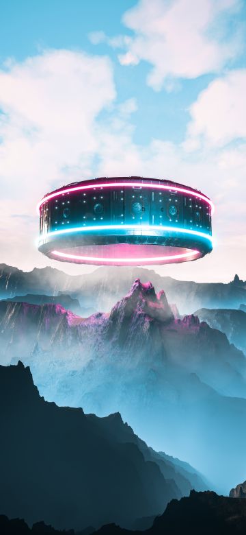 Futuristic, UFO, Digital Art, Mountain range, 5K, Spaceship