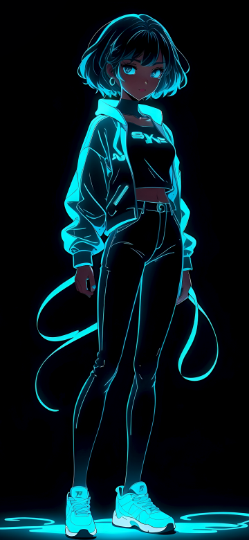 Neon, Anime girl, Black background, AMOLED, 5K