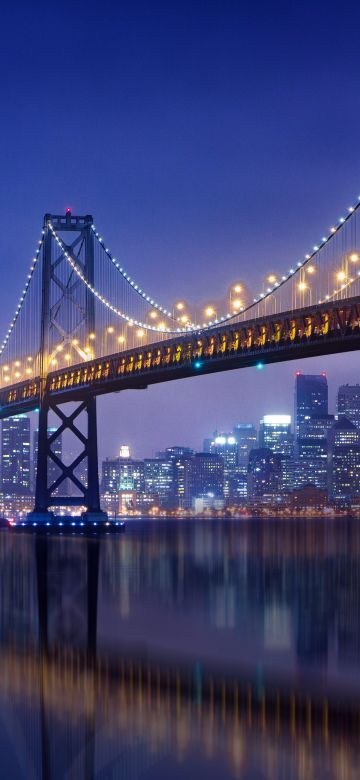 Bay Bridge, San Francisco-Oakland Bay Bridge, Night, City lights, Urban, 5K