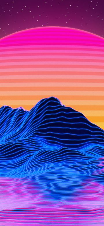 Neon, RetroWave art, Outrun, Sunset, Synthwave, Panoramic, Mountain range, Digital Art, 5K