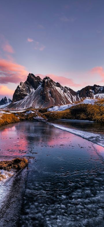 Vestrahorn mountain, Aesthetic, Outdoor, Iceland, Sunset, Dusk, Coastline, 5K, Serene, Stokksnes, Black sand beach