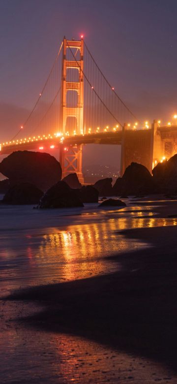 Golden Gate Bridge, Illuminated, Night, Reflection, Baker Beach, San Francisco, California, 5K, 8K