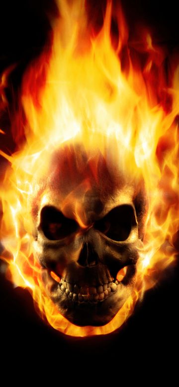 Skull, Fire, 5K, Ghost Rider, Black background, Marvel Superheroes, AMOLED