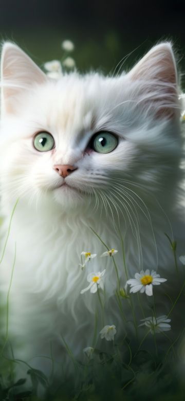 White fur, Kitten, Daisy flowers, Green Grass, White aesthetic, 5K, AI art