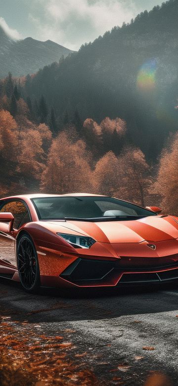 Lamborghini Aventador, Autumn background, Roadway, Orange aesthetic, 5K, Autumn Scenery, AI art