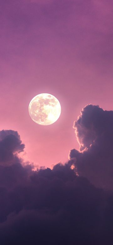 Full moon, Aesthetic, Clouds, Pink sky, Scenic