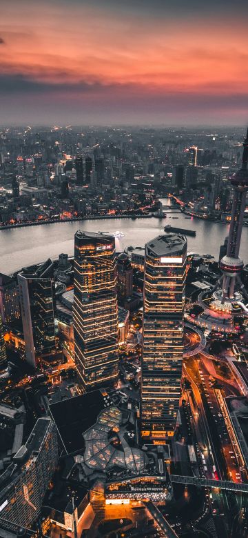 Shanghai City, Illuminated, Skyline, Aerial view, China, 5K, Skyscrapers, Urban, Metropolitan