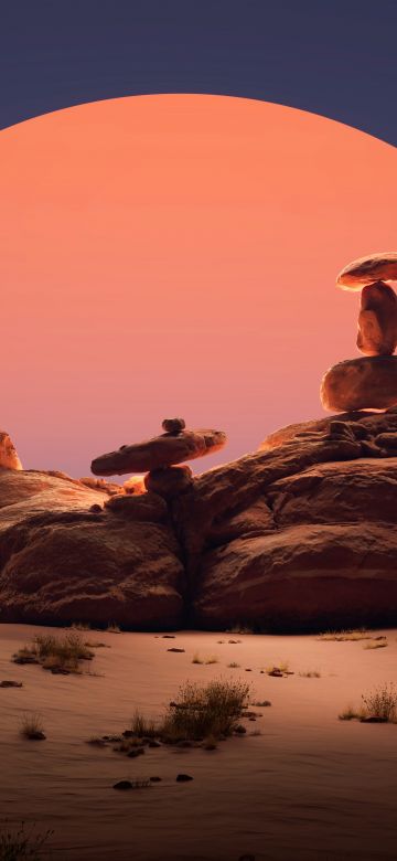 Balancing rocks, Sunset, Desert, 5K, Digital Art, Aesthetic