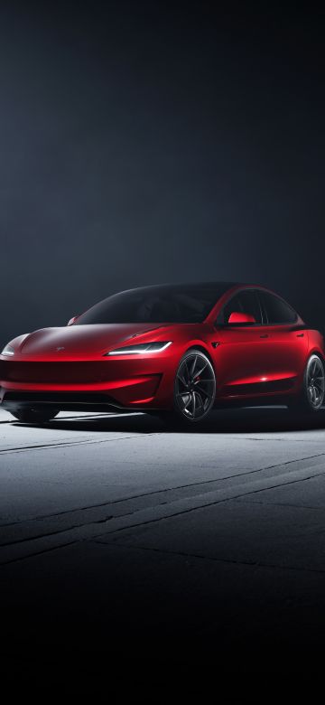 Tesla Model 3, 2024, Performance car, Dark background, Red cars