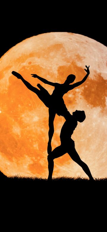 Couple, Ballet dancers, Full moon, Silhouette, Black background, Dancing, 5K, 8K