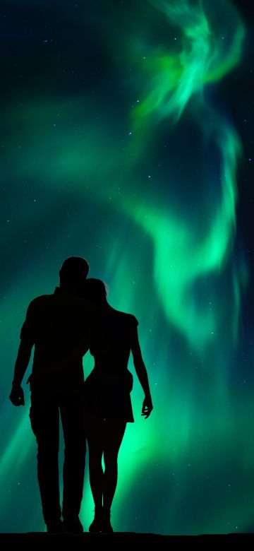 Couple, Aurora Borealis, Night, Romantic, Together, Silhouette, Northern Lights, 5K