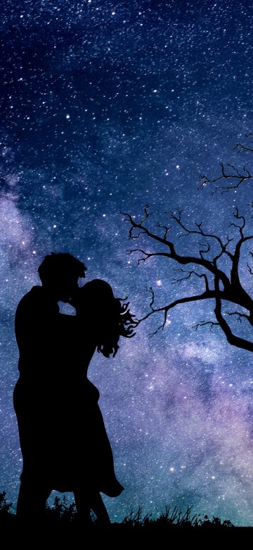 Couple, Night, Romantic kiss, Silhouette, Starry sky, 5K