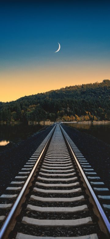 Railroad, Rail track, Mountain, River, Crescent Moon, Half moon, Landscape, Sunset, Aesthetic