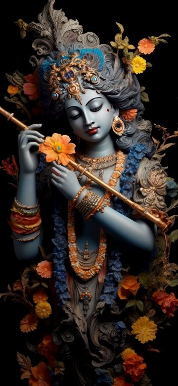 Lord Krishna, AI art, Black background, 10K, Hindu God, 5K, 8K, AMOLED, Hinduism