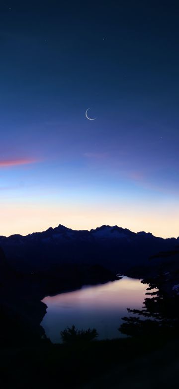 Hidden Lake, Mountains, Silhouette, Sunset, Crescent Moon, Clear sky, Dark, Night, Washington, USA