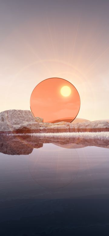 Desert, Landscape, Sunset, Digital Art, Body of Water, 5K, Reflection