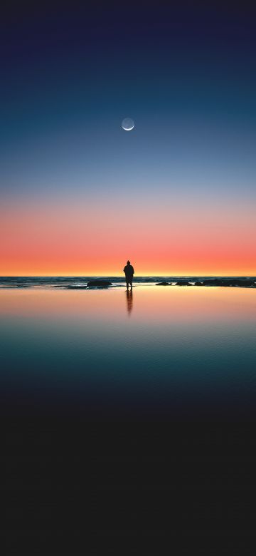 Horizon, Beach, Man, Alone, Sunset, Silhouette, Crescent Moon, Reflection, Kalaloch