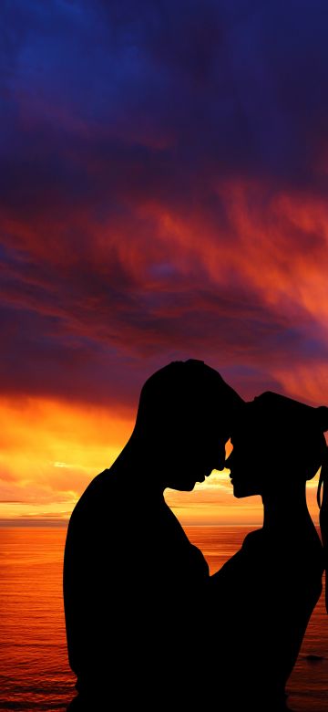 Couple, Romantic, Silhouette, Sunset, Seascape, Together, 5K